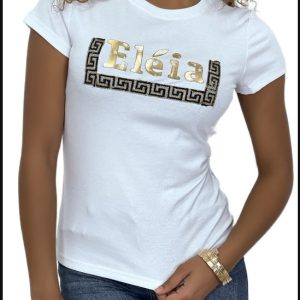Biały T-shirt z Nadrukiem „Eléia” w Złocie