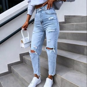 Jeansy Mom Fit z Dziurami – Rozmiary S,
