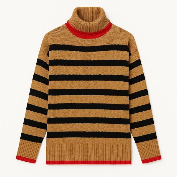 Sweter w paski z golfem – karmel/czerń z czerwonym akcentem (UNI) - obrazek 2