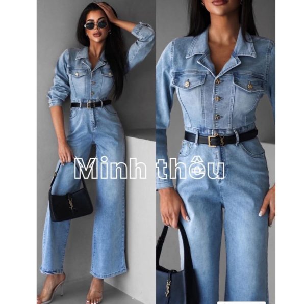 Jeansowy kombinezon wide-leg z paskiem