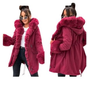 Bordowa ocieplana parka z futerkiem