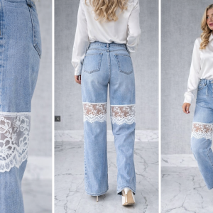 Jeansy z ozdobna koronką – wysoki stan, prosta nogawka