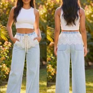 Spodnie wide leg z koronkową talią – jasny denim