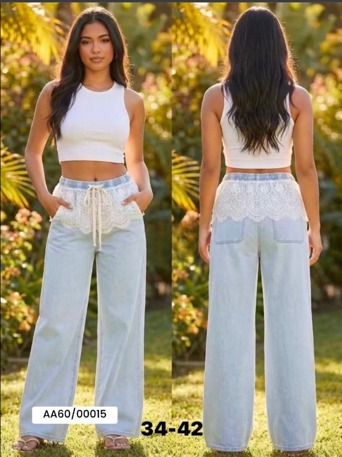 Spodnie wide leg z koronkową talią